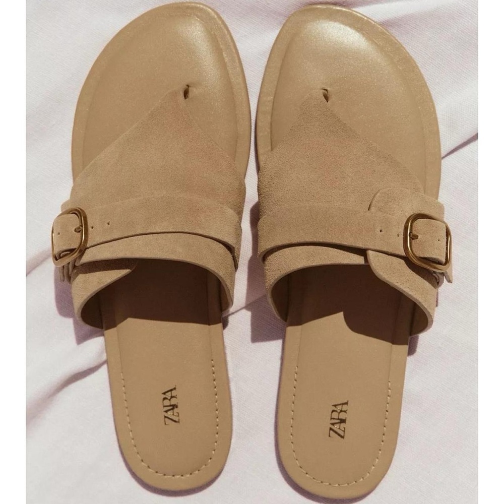 NWT Zara Suede Leather Buckle Sandals in Camel Tan - 7.5